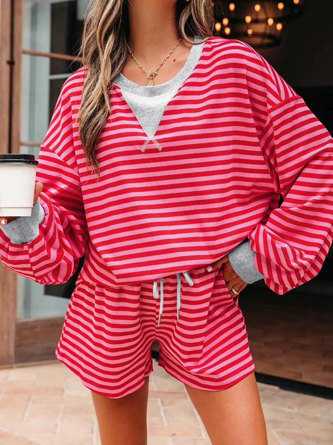 Stripe Drop Shoulder Baggy Top and Shorts Casual Set