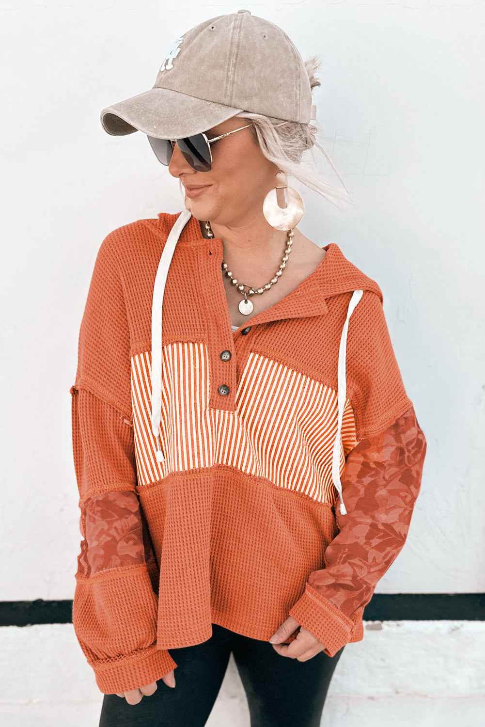 White Waffle Printed Patchwork Drawstring Hooded Long Sleeve Top 0b47f7b3764a1cc1