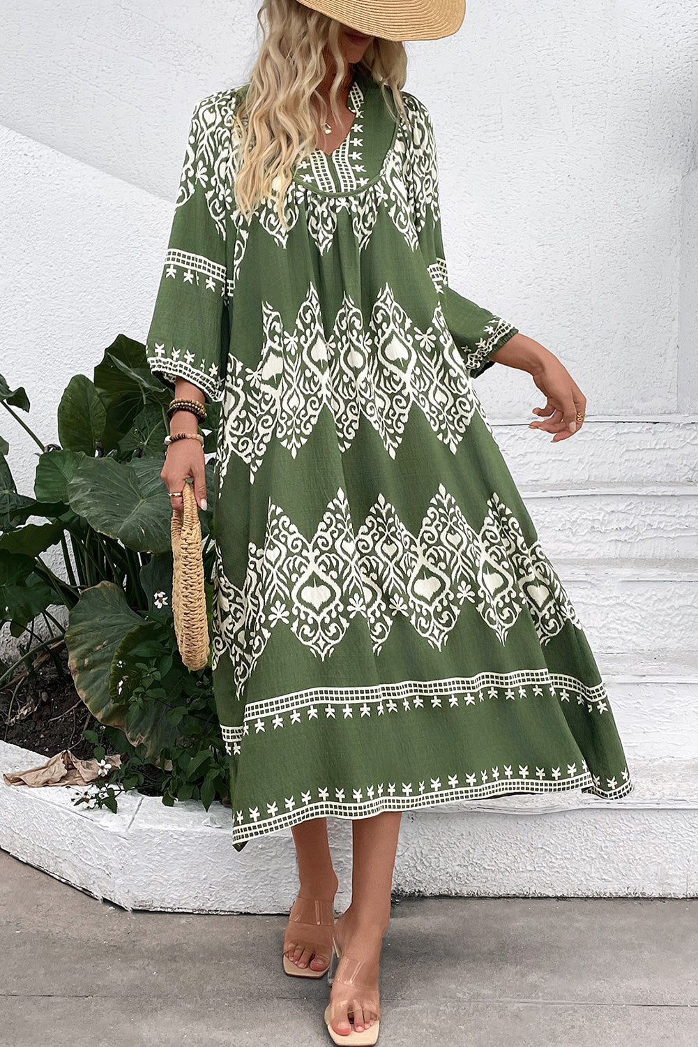 Green Abstract Geometric Print Long Sleeve Vacation Dress 0b4b4fffe90d28ce