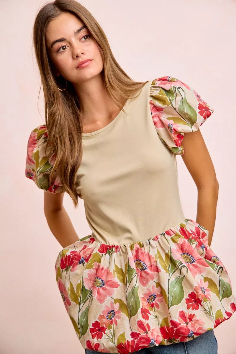 BiBi Floral Printed Bubble Sleeves and Hem Peplum Top 0b4cd68c000d4aab88a3ebc14554b24e-Max-Origin