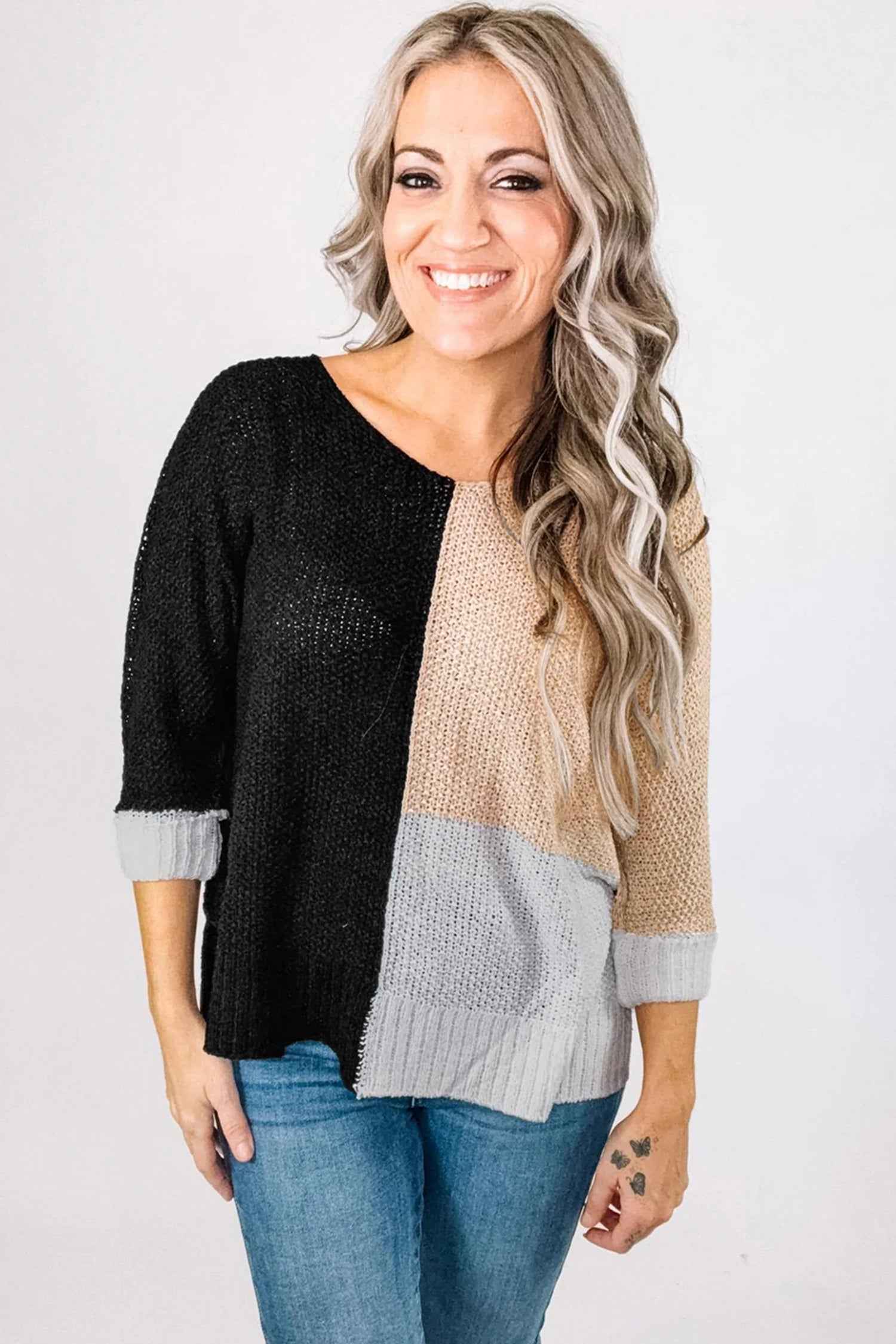 Chestnut Color Block Knit V Neck Loose Sweater 0b51a04cedbc5ffa