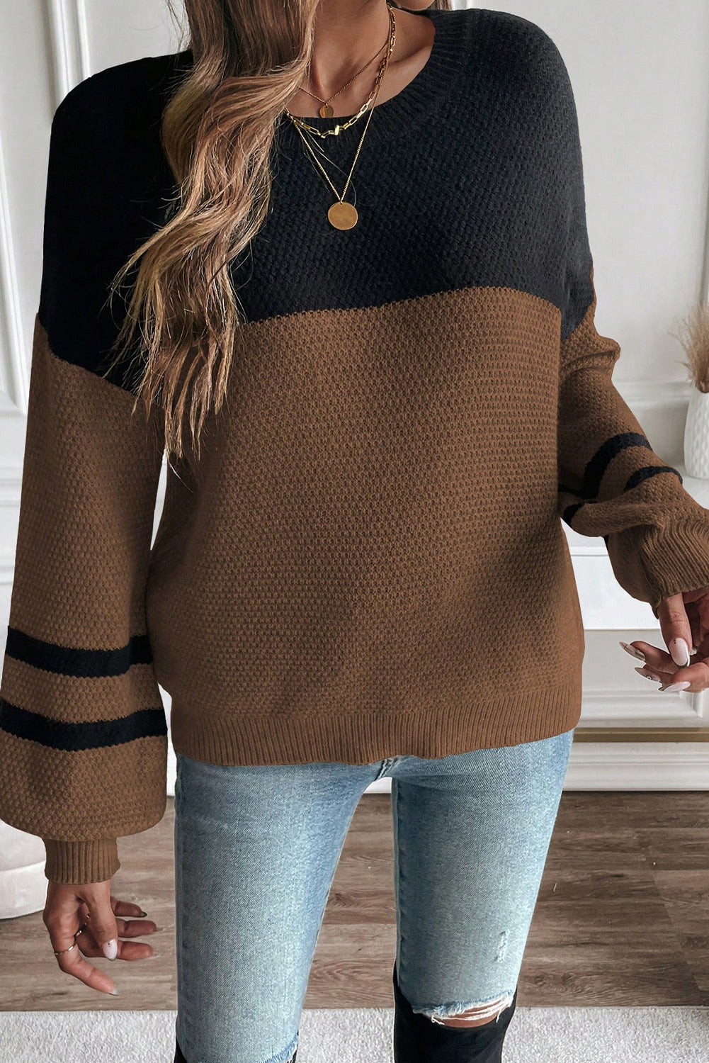 Dark Brown Colorblock Striped Sleeve Detail Knit Sweater 0b570fc4033721fe