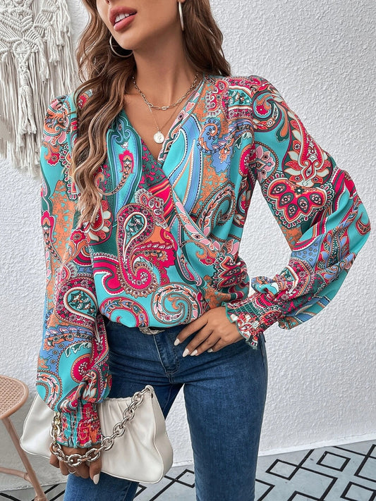 Printed Surplice Smocked Lantern Sleeve Blouse