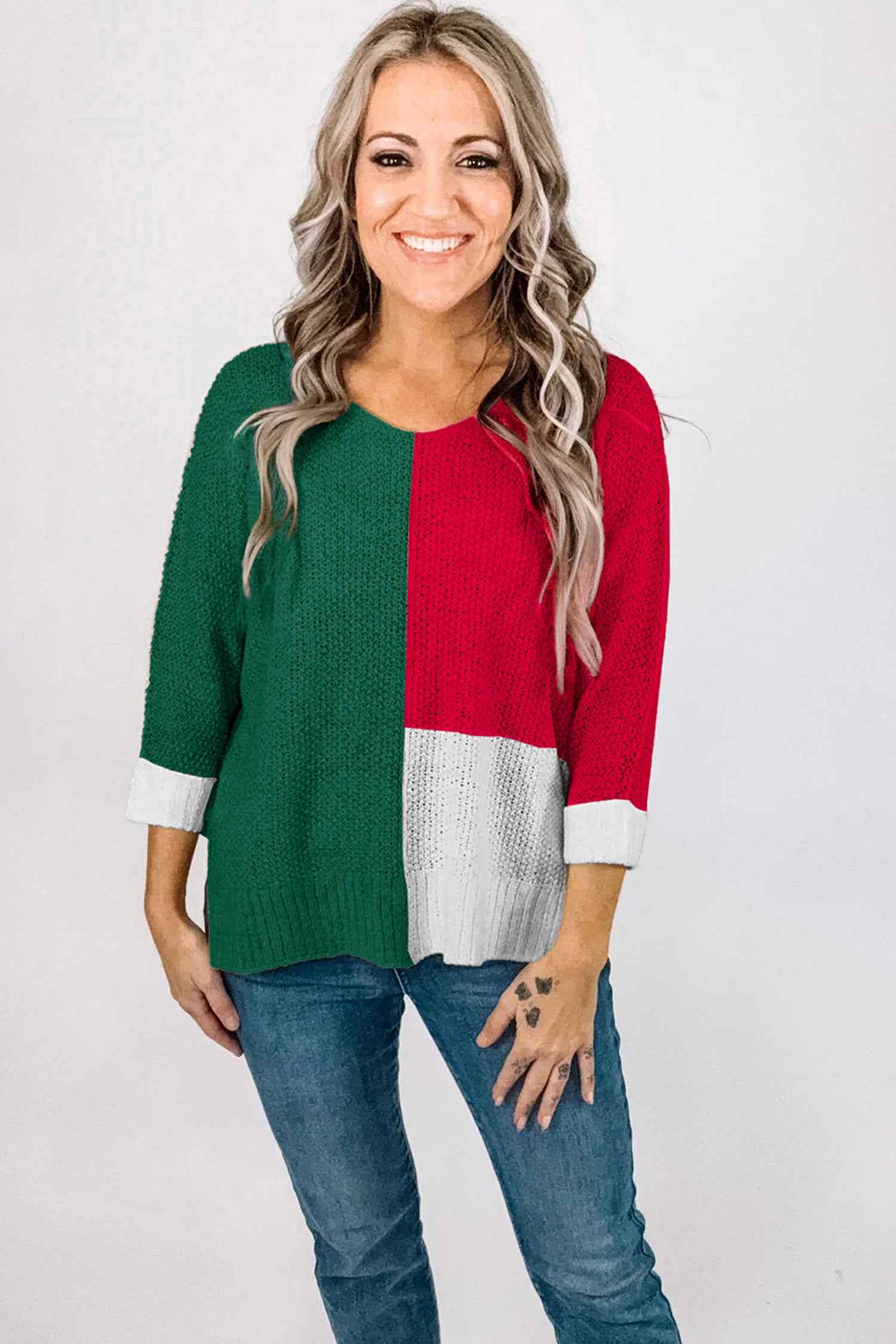 Chestnut Color Block Knit V Neck Loose Sweater 0b577e845d95ccbf