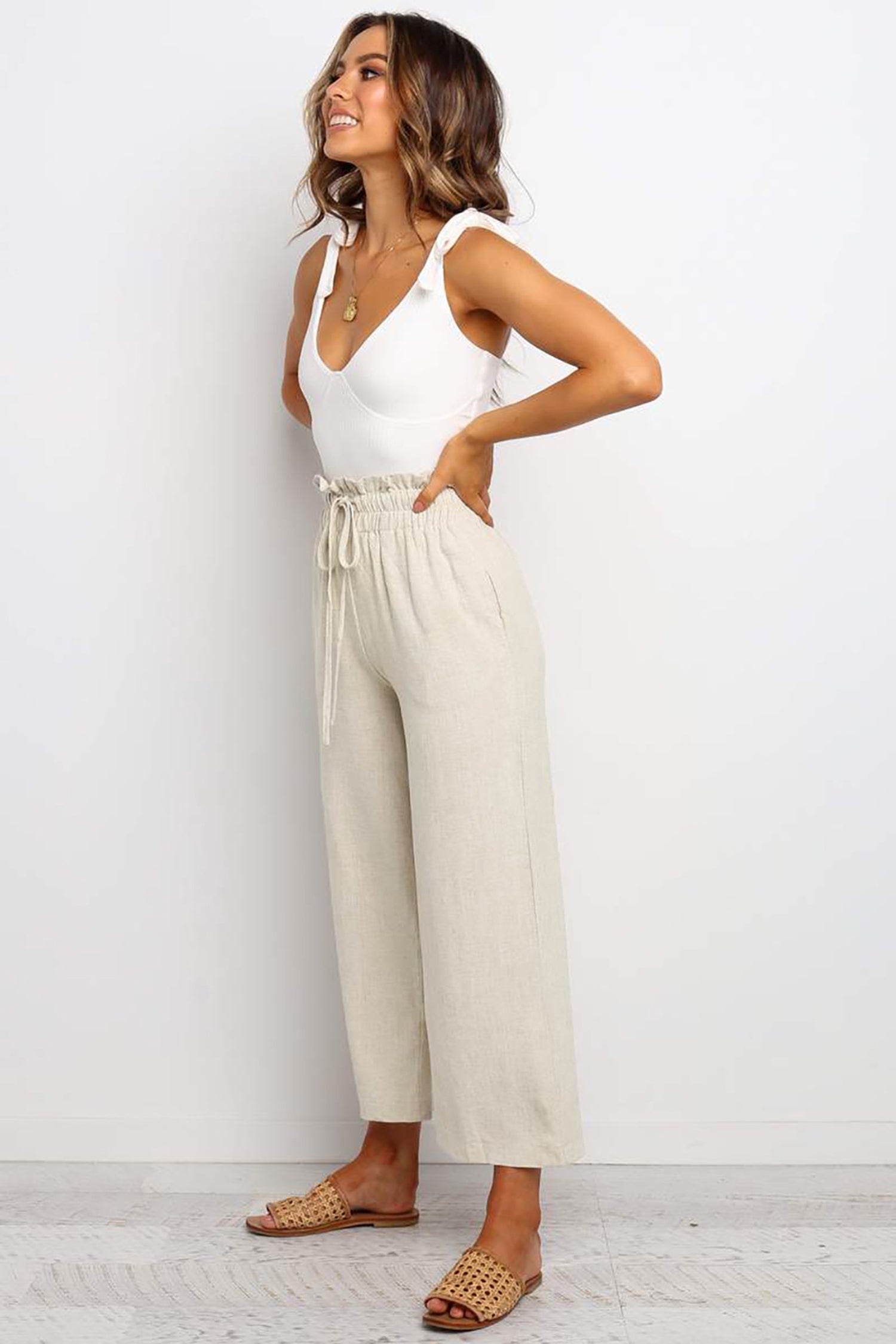 Khaki Paperbag Waist Straight Leg Cropped Pants 0b58fc333a3e080f