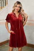Cinnamon Velvet Smocked Neckline Puff Sleeve Shift Mini Dress Cinnamon 95%Polyester+5%Elastane 0b5e03563bddbb11
