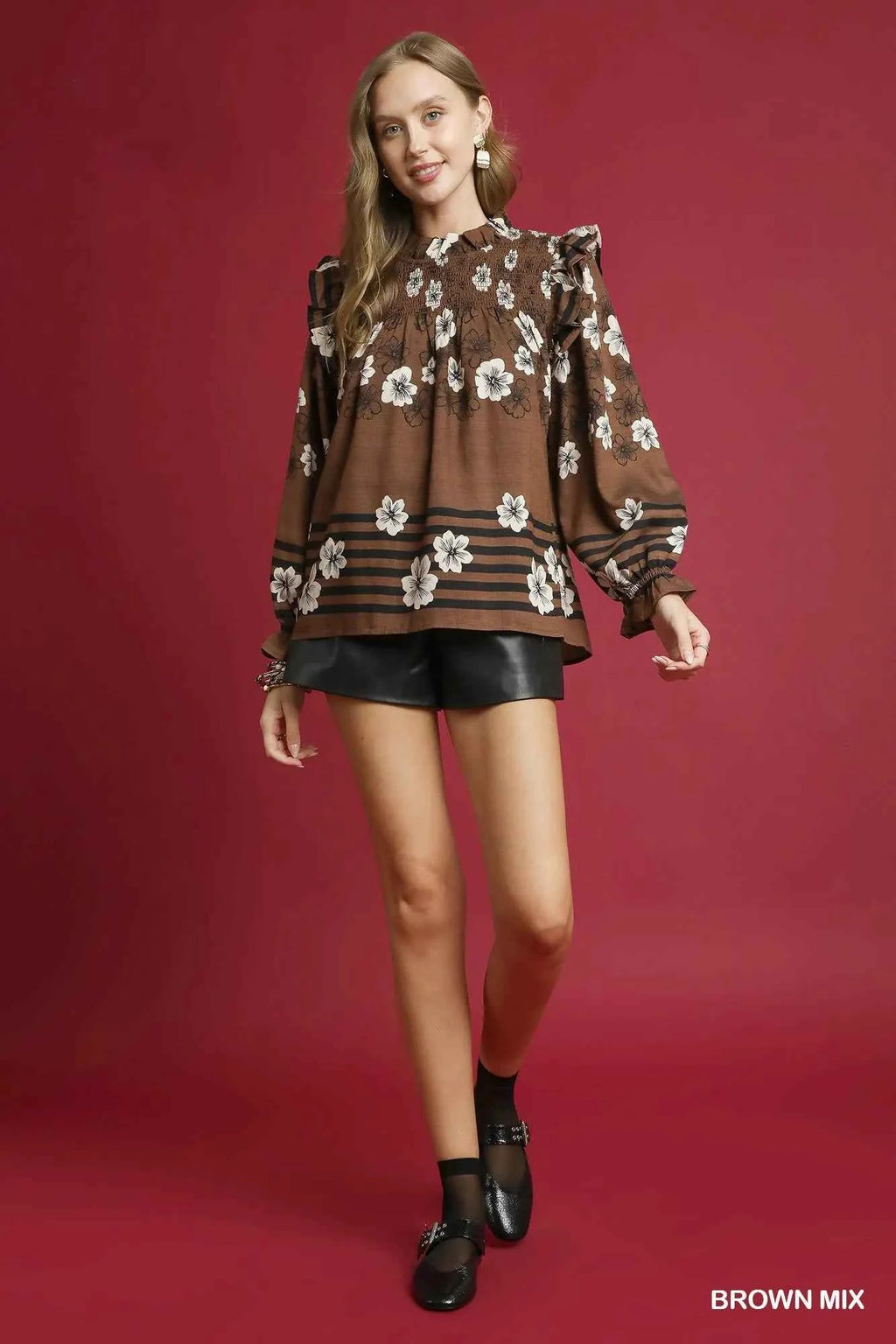 Umgee Full Size Mix Floral Smocked Ruffle Blouse Plus Size 0b5f0e6f-97a4-45b7-bfd5-d2d8d0595ec1-Max-Origin