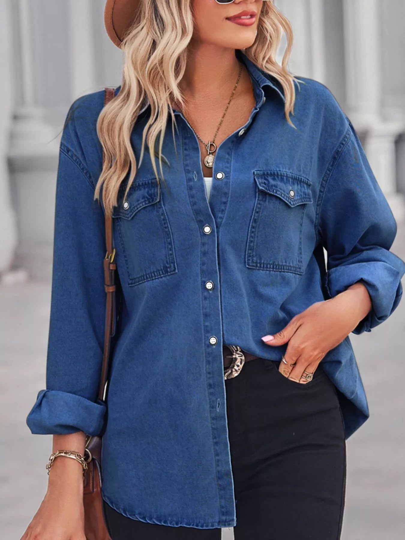 Button Down Washed Denim Shirt with Chest Pockets Navy 0b66d5b4-8a77-4f6c-ba46-3bae881e228e-Max-Origin