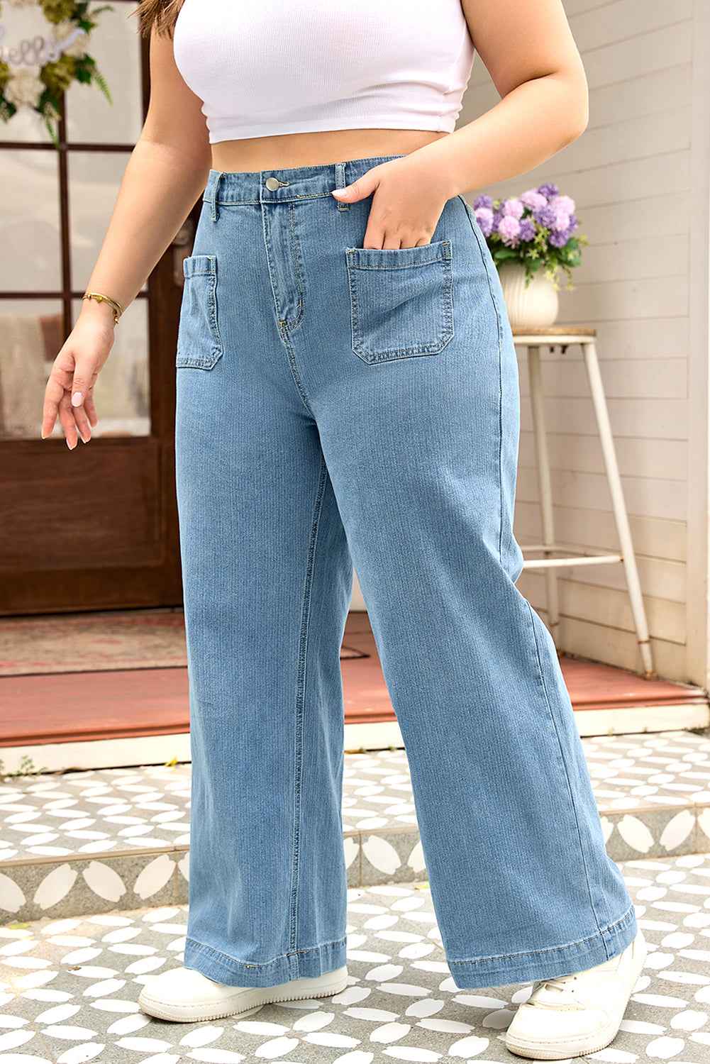 Dusk Blue Patched Pocket Textured Wide Leg Plus Size Jeans 0b75029e29ee58f7