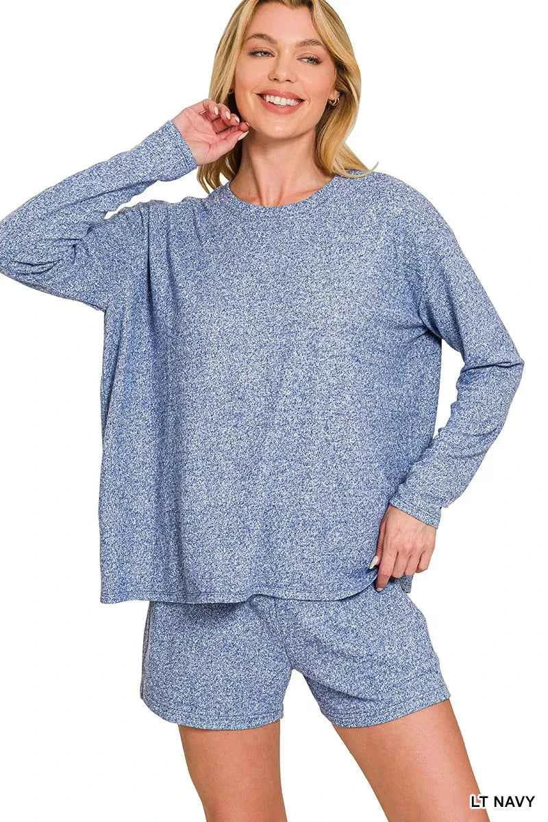 Zenana Soft Melange Long Sleeve Tee and Shorts Set LT NAVY 0b7d4b960a104b5392b3cddc0306daca-Max-Origin