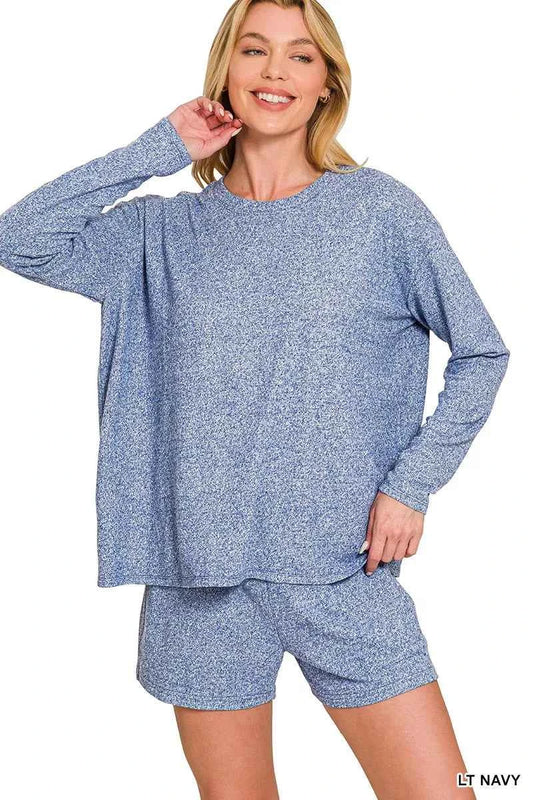 Zenana Soft Melange Long Sleeve Tee and Shorts Set LT NAVY 0b7d4b960a104b5392b3cddc0306daca-Max-Origin