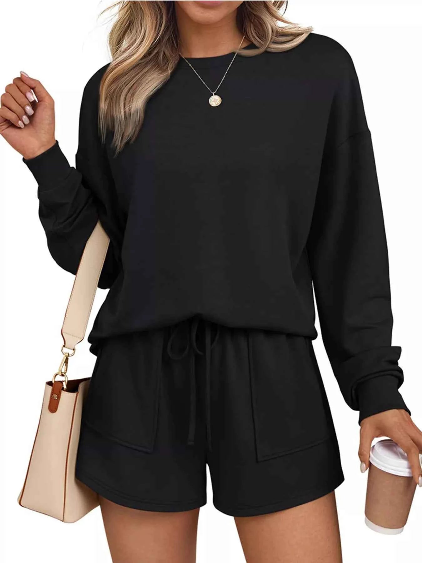 Round Neck Long Sleeve Top and Shorts Set Black 0b7ff61d42024c189c8b29a324fc5214-Max-Origin