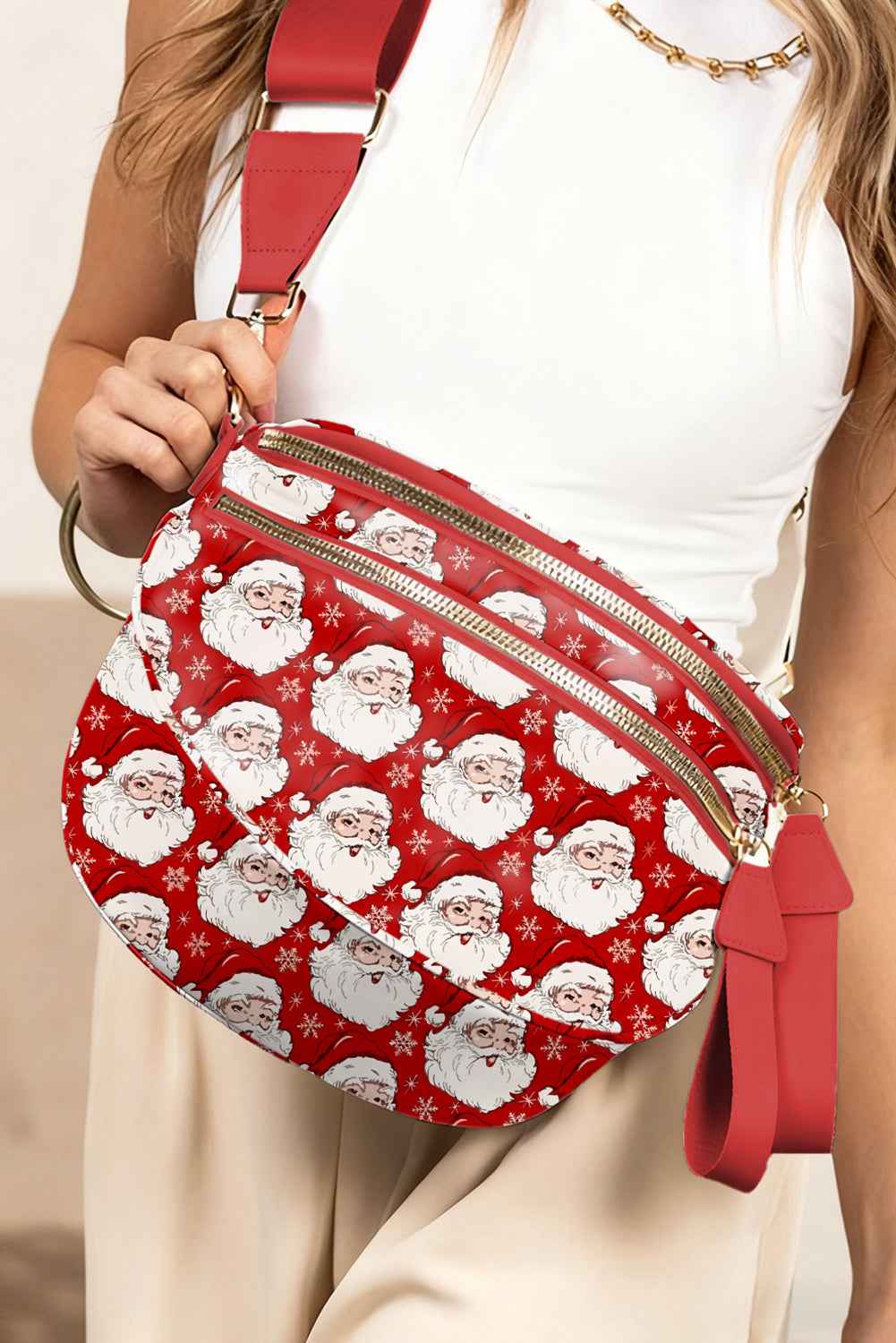 Pink Christmas Graphic Double Zip Crossbody Bag Fiery Red ONE SIZE 95%PU+5%Alloy 0b850f10ec987ef3
