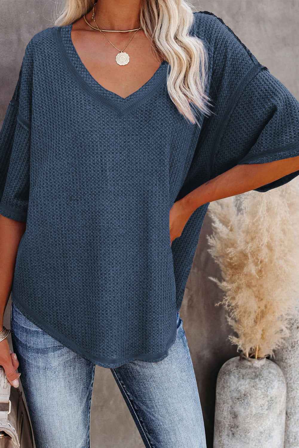 Blue Exposed Seam Drop Sleeve V Neck Waffle Textured Top 0b8856c92687ff36
