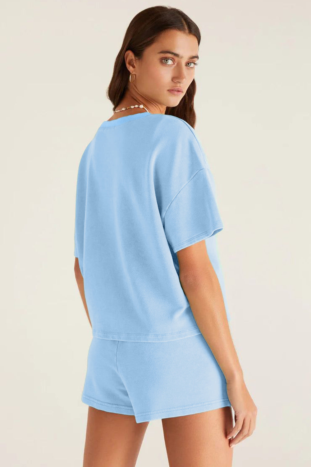 Mint Green V Neck Drop Shoulder Tee and Patchwork Shorts Set 0b89fa794fee9722