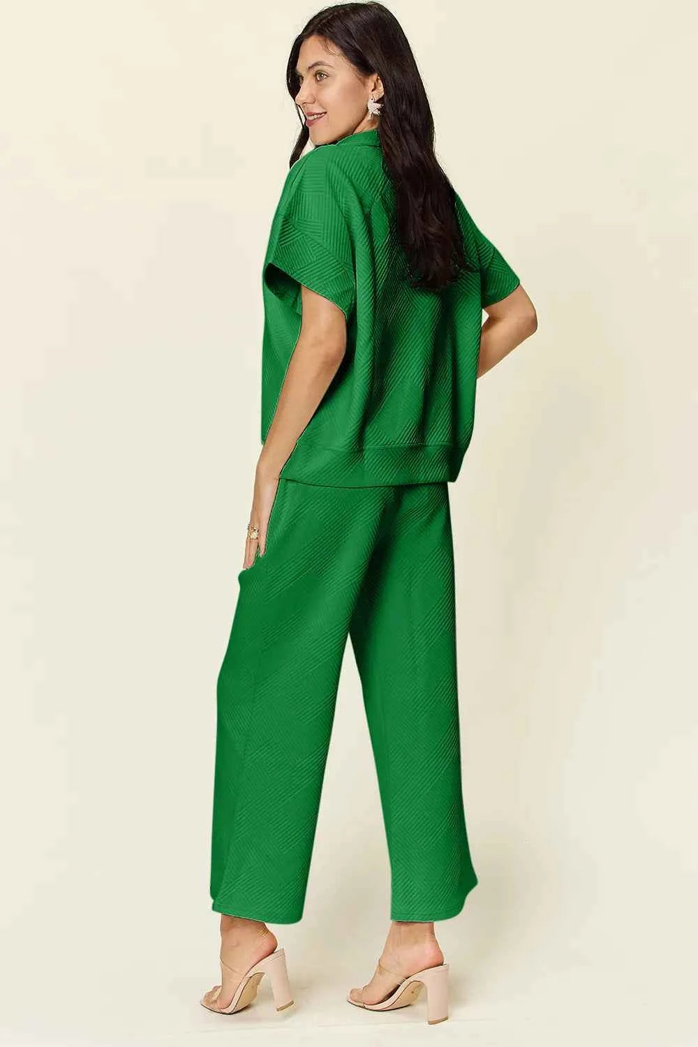 Double Take Full Size Texture Half Zip Short Sleeve Top and Pants Set 0b8f3421-786b-4222-af0c-bb29ce86432c-Max
