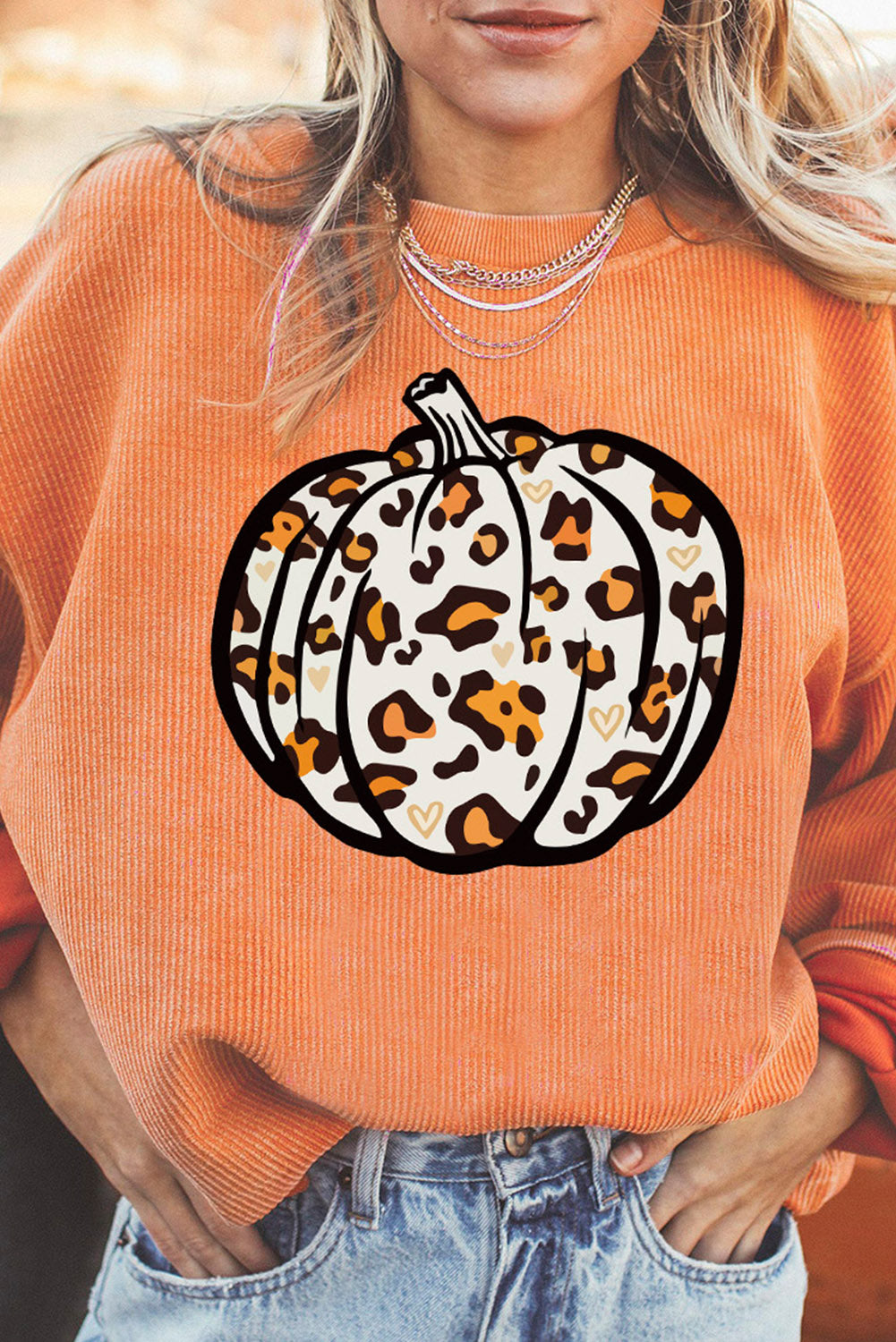 Orange Leopard Pumpkin Graphic Corded Sweatshirt Orange-3 100%Polyester 0b9348e81ba060db