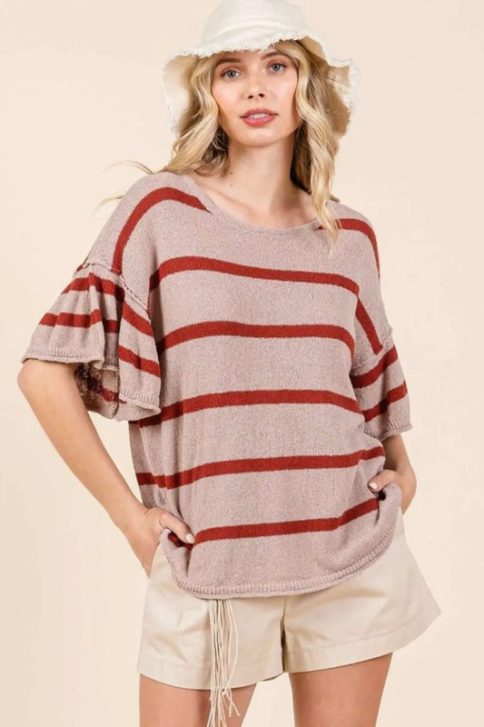 Striped Flounce Sleeve Knit Top 0b94811e-7681-42a3-b4eb-e8a8309ad640-Max
