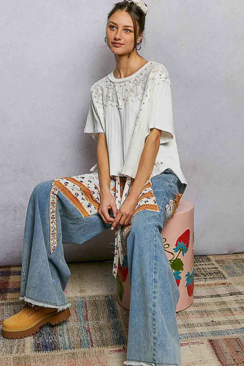 POL Lace Pearl Stud Round Neck Short Sleeve Shirt 0b97f6d5-e32a-493d-9652-384bef39da22-Max