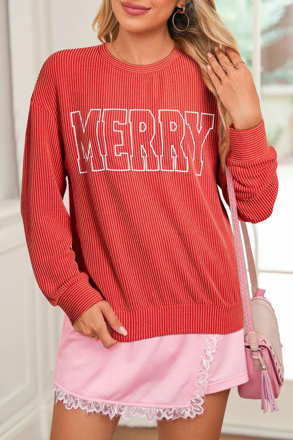 Evergreen Twisted Rib Merry Letter Graphic Loose Long Sleeve Top Fiery Red 75%Polyester+20%Viscose+5%Elastane 0b9f9c73d0c18486