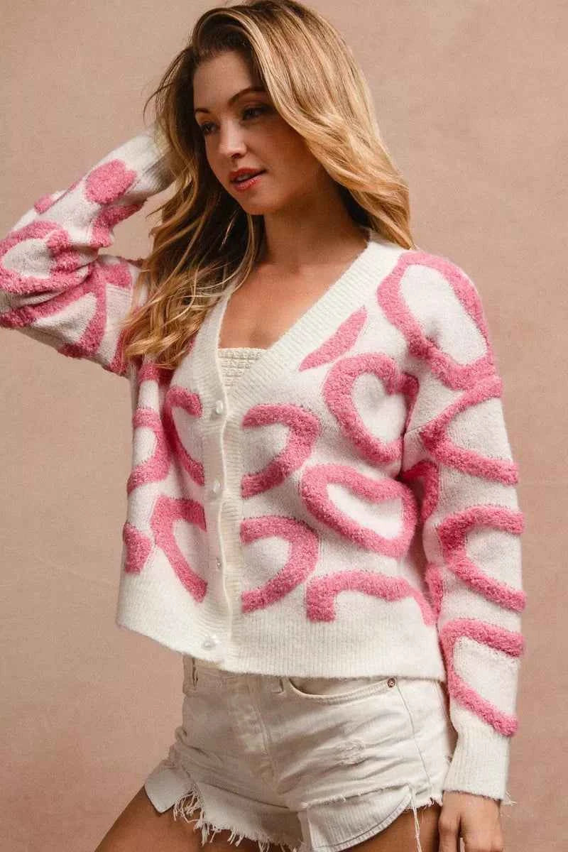 BiBi Textured Heart Buttoned V Neck Cardigan 0ba06e59bbcb461495cd6bd7a56b1cd1-Max-Origin