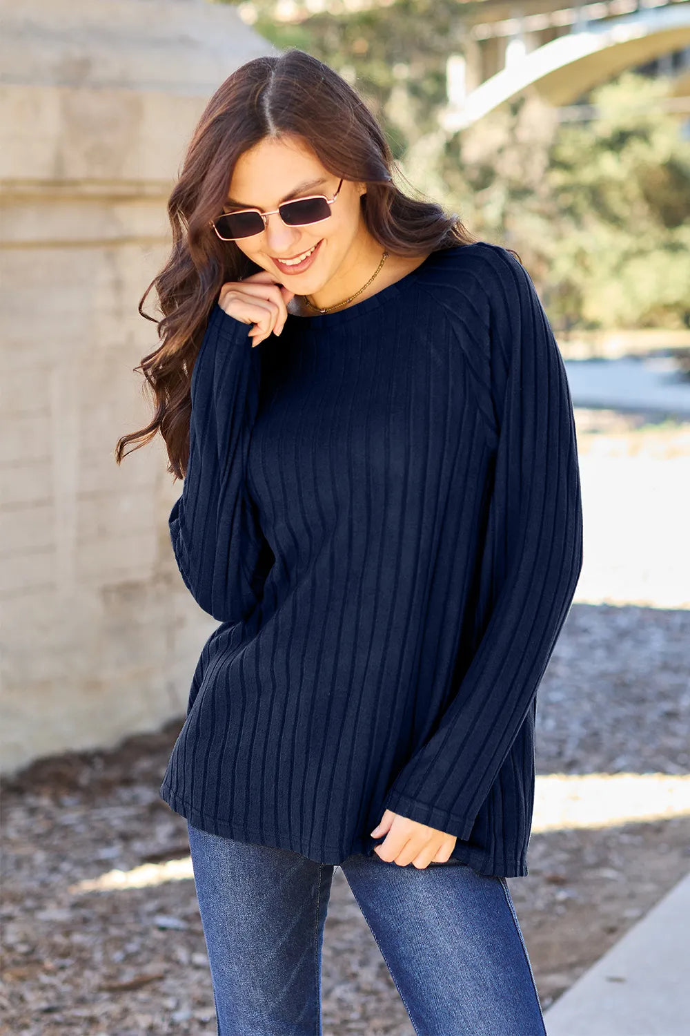 Basic Bae Full Size Ribbed Round Neck Long Sleeve Knit Top Dark Blue 0ba4f2b5777c45baae52f5b5506ec95f-Max