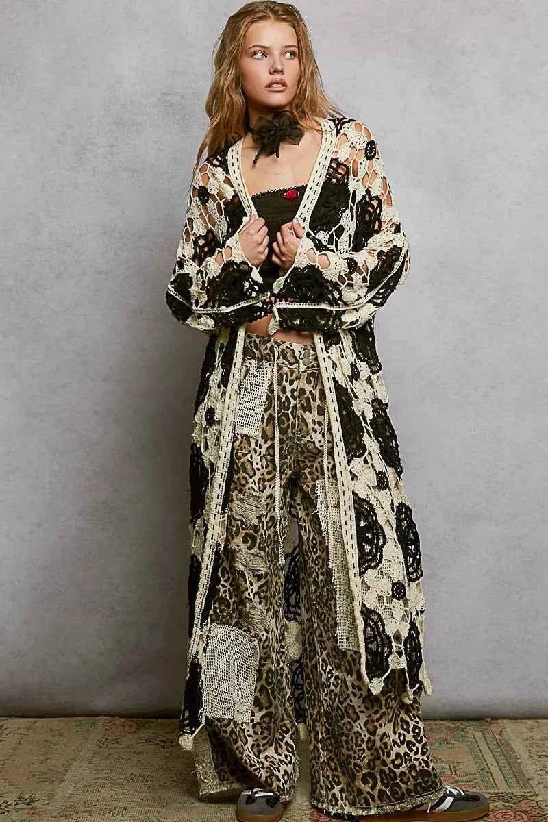 POL Open Front Crochet Longline Cardigan BLACK MULTI One Size 0ba63794-9c95-4727-8a76-70bf6004e686-Max-Origin