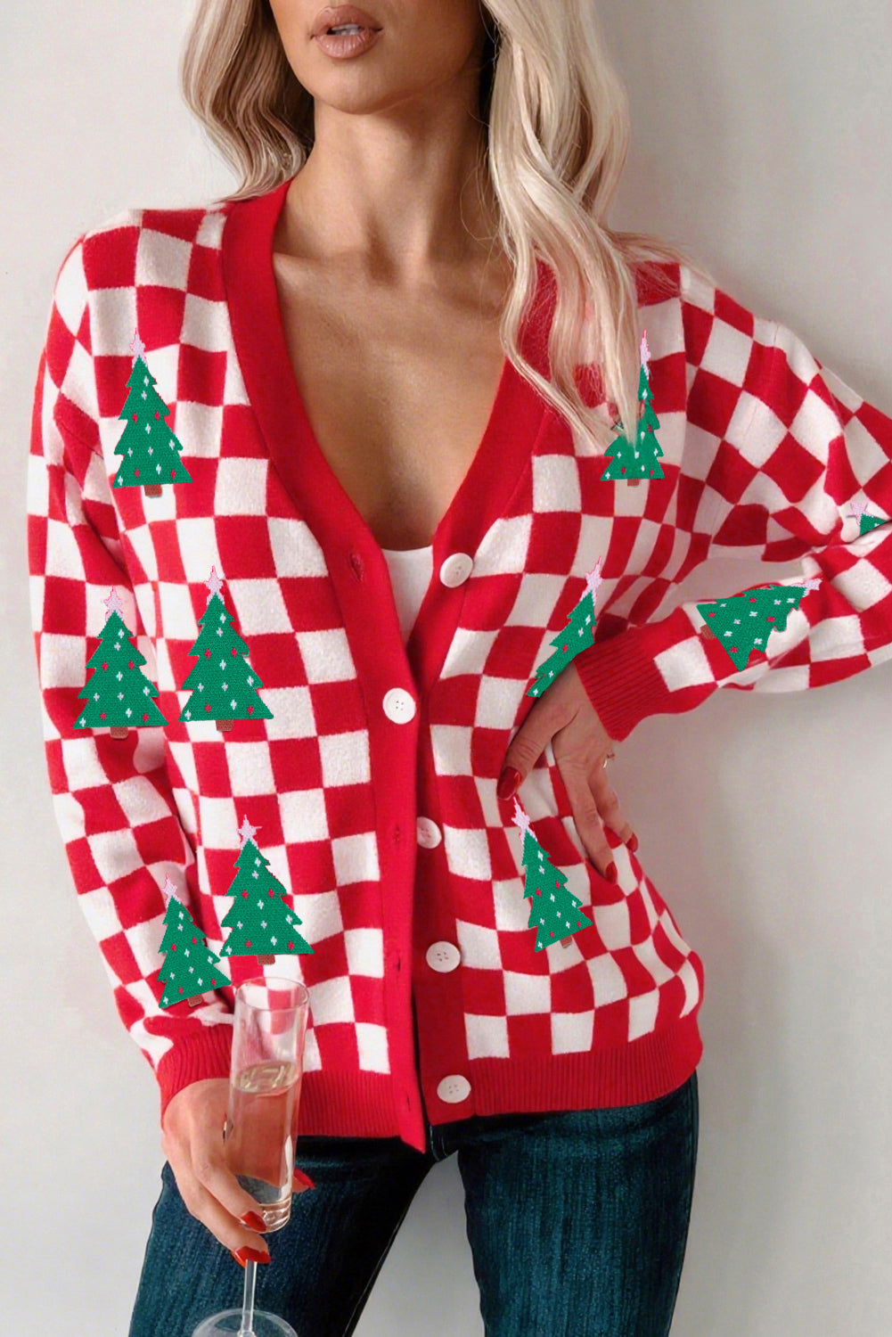 Red Checkered Christmas Tree Pattern Button V Neck Knit Cardigan 0ba83c731feec326