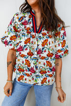 Multicolour Contrasted V Neckline Floral Puff Short Sleeve Blouse Multicolour 55%Cotton+45%Viscose 0ba8e6cd8b9d3f9c