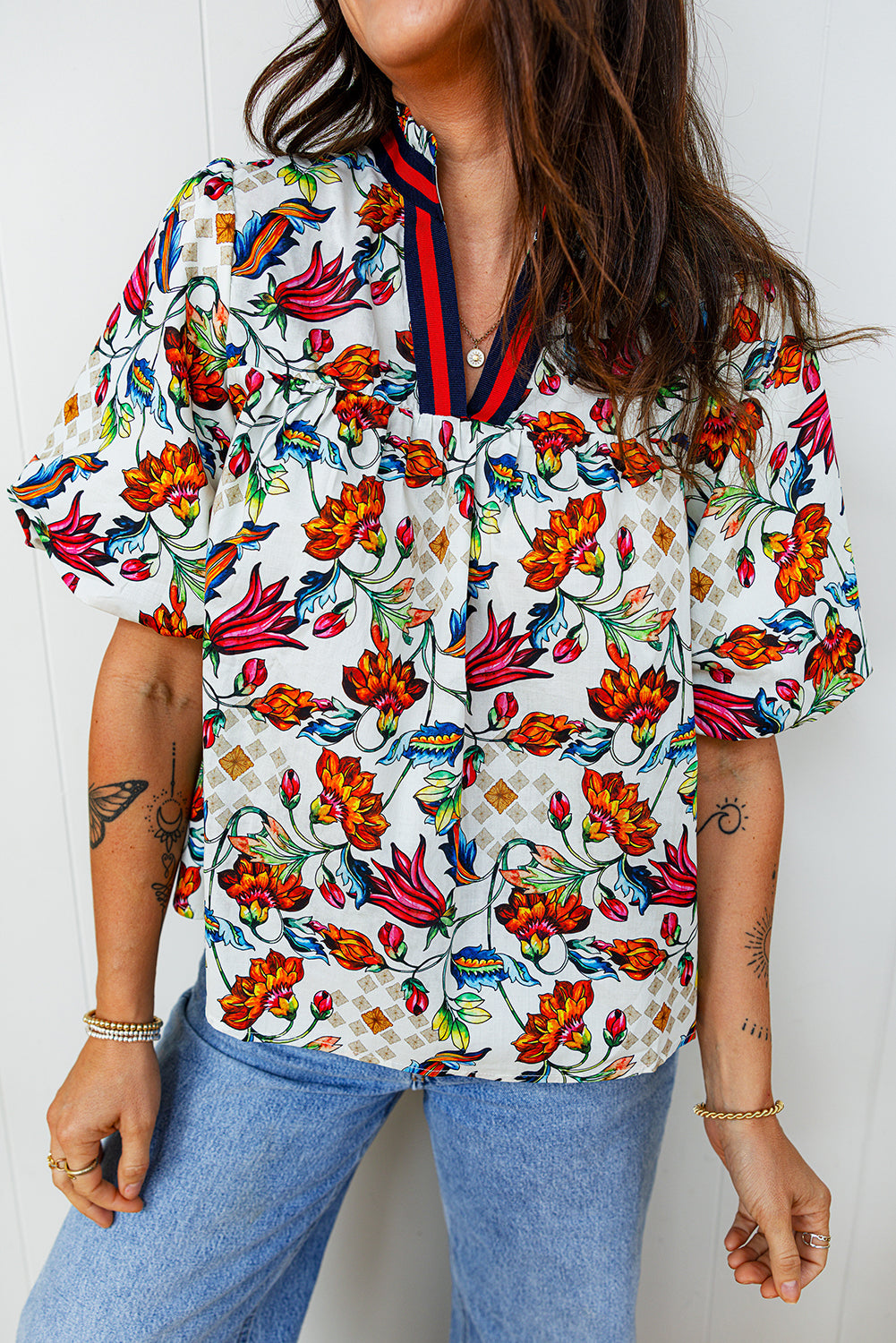 Multicolour Contrasted V Neckline Floral Puff Short Sleeve Blouse Multicolour 55%Cotton+45%Viscose 0ba8e6cd8b9d3f9c
