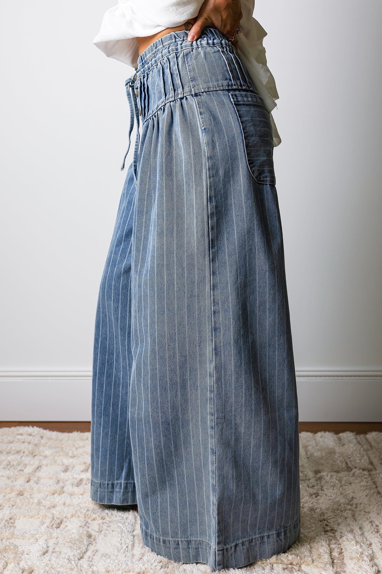 Sky Blue Stripe Button Pleated Drawstring Waist Casual Wide Leg Jeans 0baa8a7dadb1e343