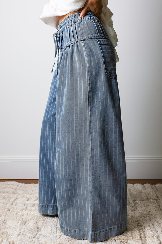 Sky Blue Stripe Button Pleated Drawstring Waist Casual Wide Leg Jeans 0baa8a7dadb1e343