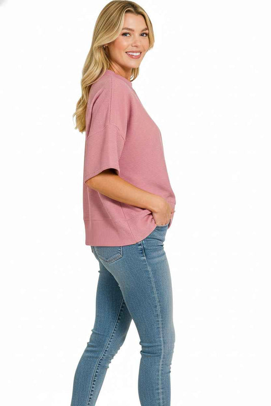 Zenana Ribbed Round Neck Waist Banded T-Shirt 0bae59c2-5766-478d-b5cc-d7f4e2ff5c7e-Max
