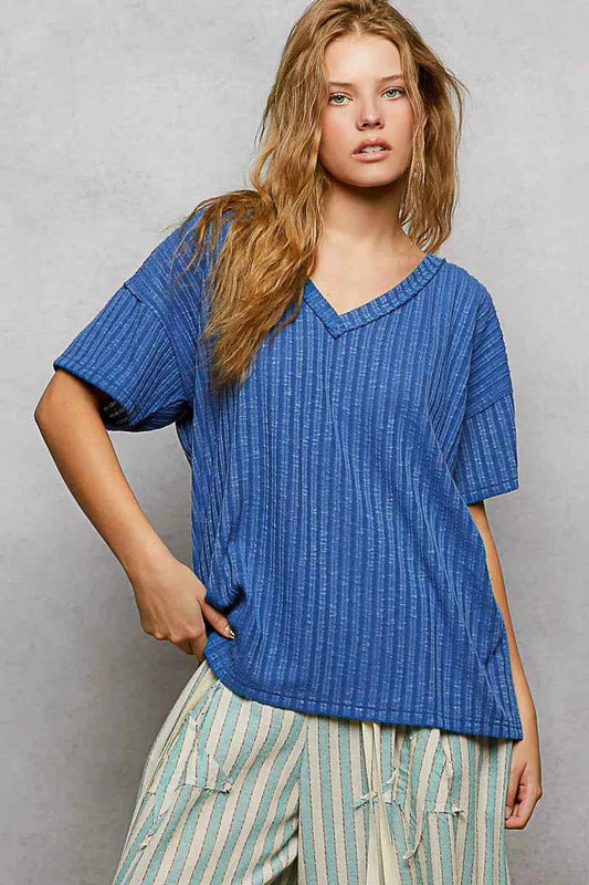 POL Ribbed Knit V-Neck Short Sleeve T-Shirt with Side Slit COBALT BLUE 0bb72cff-35c9-41ce-bc09-0fee3ed0c6af-Max-Origin