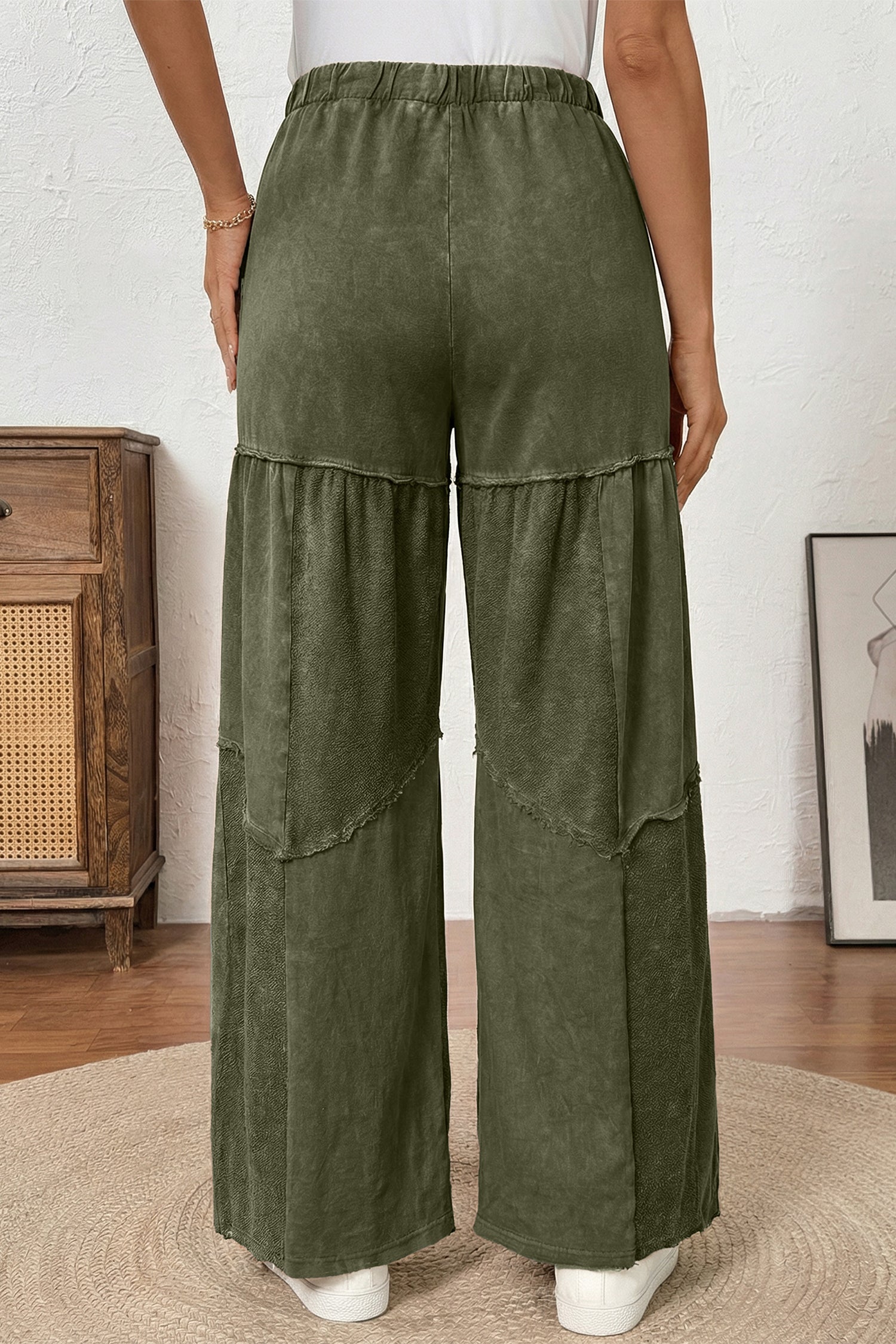 Vineyard Green Mineral Wash Tiered Wide Leg Patchwork Drawstring Pants 0bb8f5f6b38c6cfb