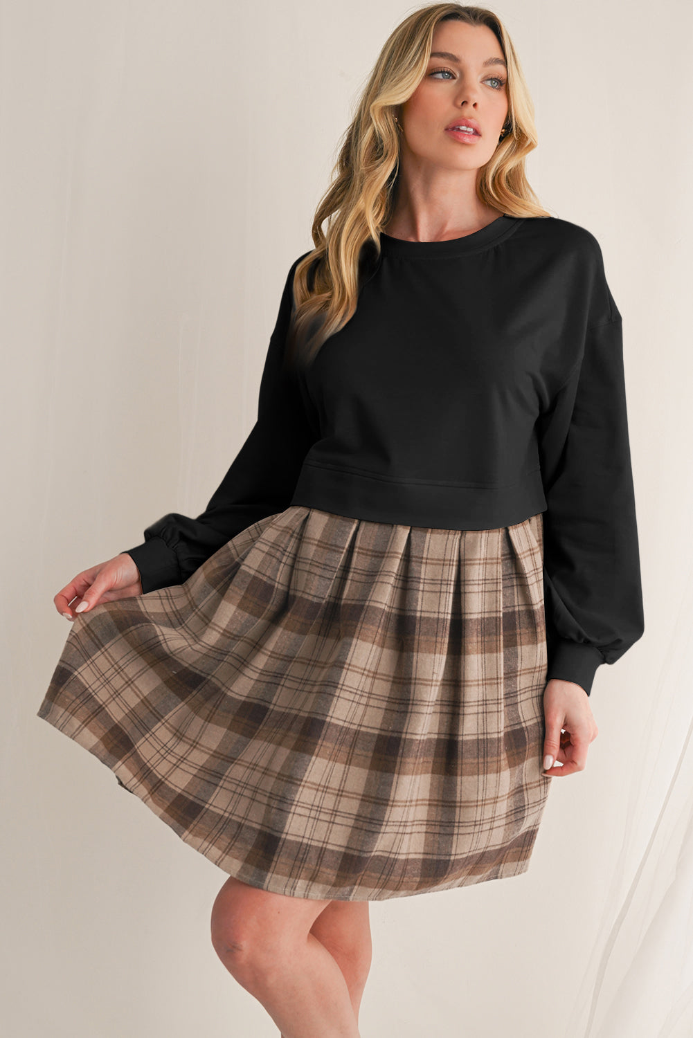 Black Plaid Patchwork High Waist Sweatshirt Mini Dress 0bb9e8cafee28883