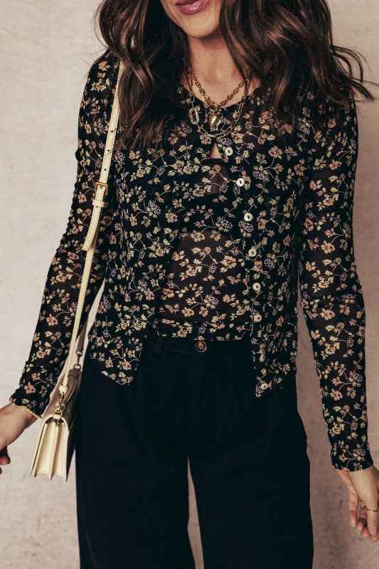 Floral Mesh Tank and Button-Front Cardigan Set 0bbe6136-9842-4506-8b52-e7998a87da59