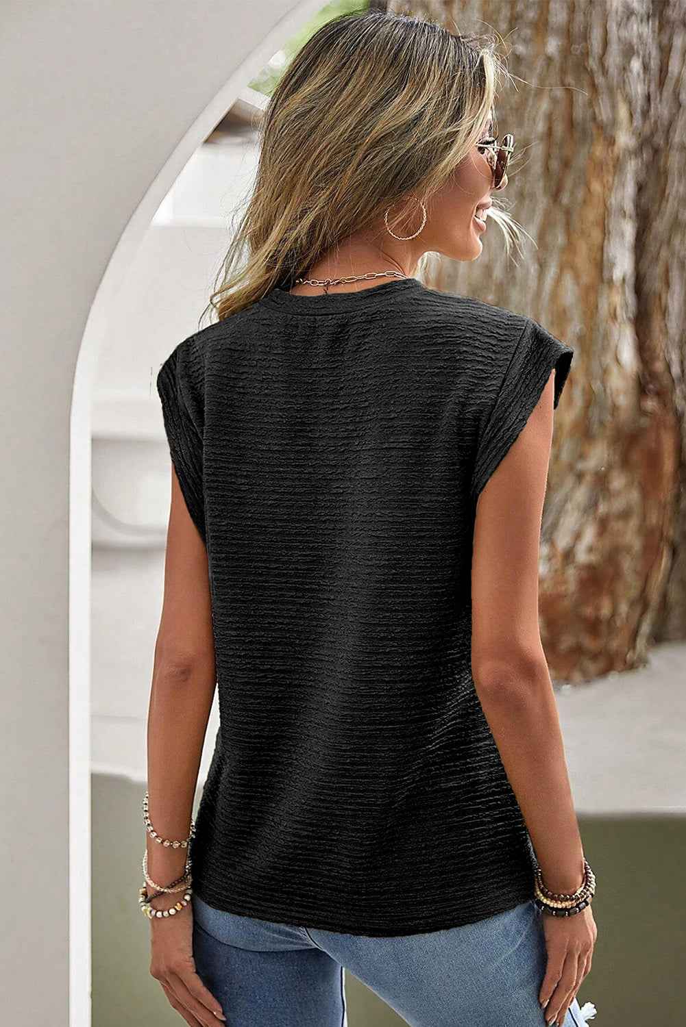 Beige Textured Round Neck Sleeveless Shirt 0bbe67e0b66178de