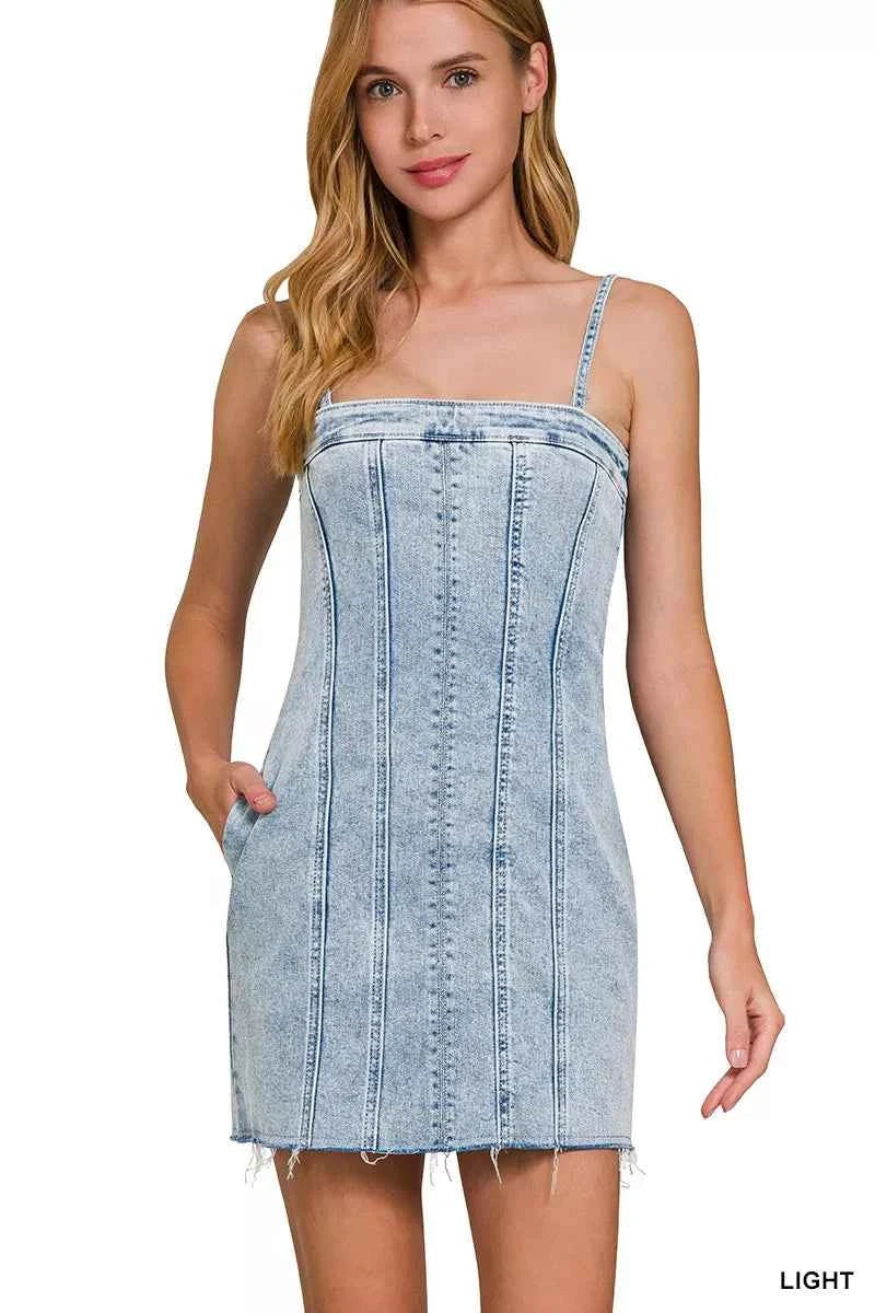 Zenana Spaghetti Strap Exposed Seam Light-Wash Dress 0bc3cc6e9e384eaa878fe16011a11fea-Max-Origin