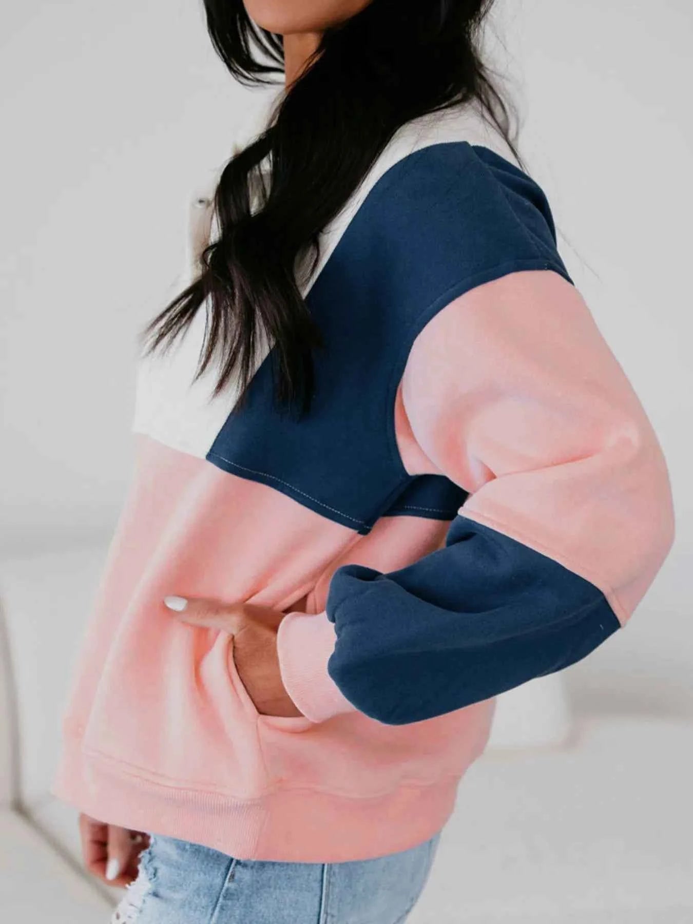 Colorblock Patchwork Half Button Baggy Sweatshirt 0bc40987-f990-4759-b20e-a5861141a082-Max-Origin
