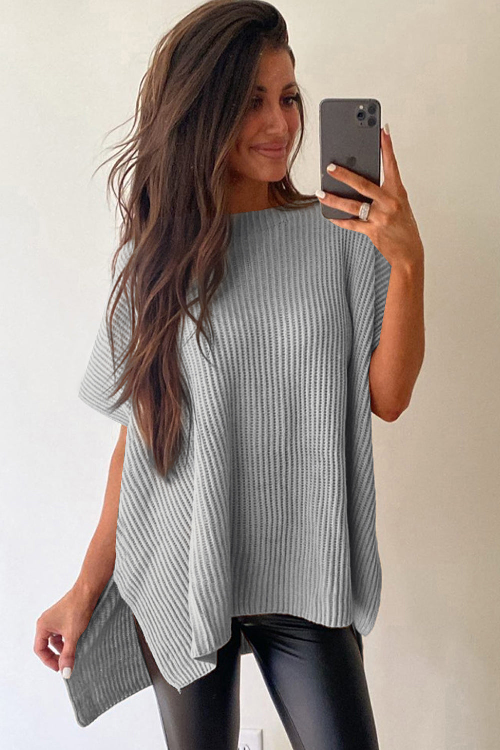 Rose Red Side Slit Short Sleeve Oversized Sweater 0bc67d3bf1ac9d5b