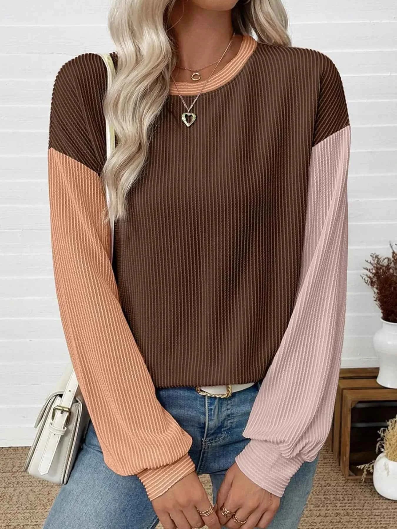 Color Block Ribbed Long Sleeve T-Shirt Coffee Brown 0bcd9b7f-0dc6-4949-867e-fe1b862a0287-Max-Origin