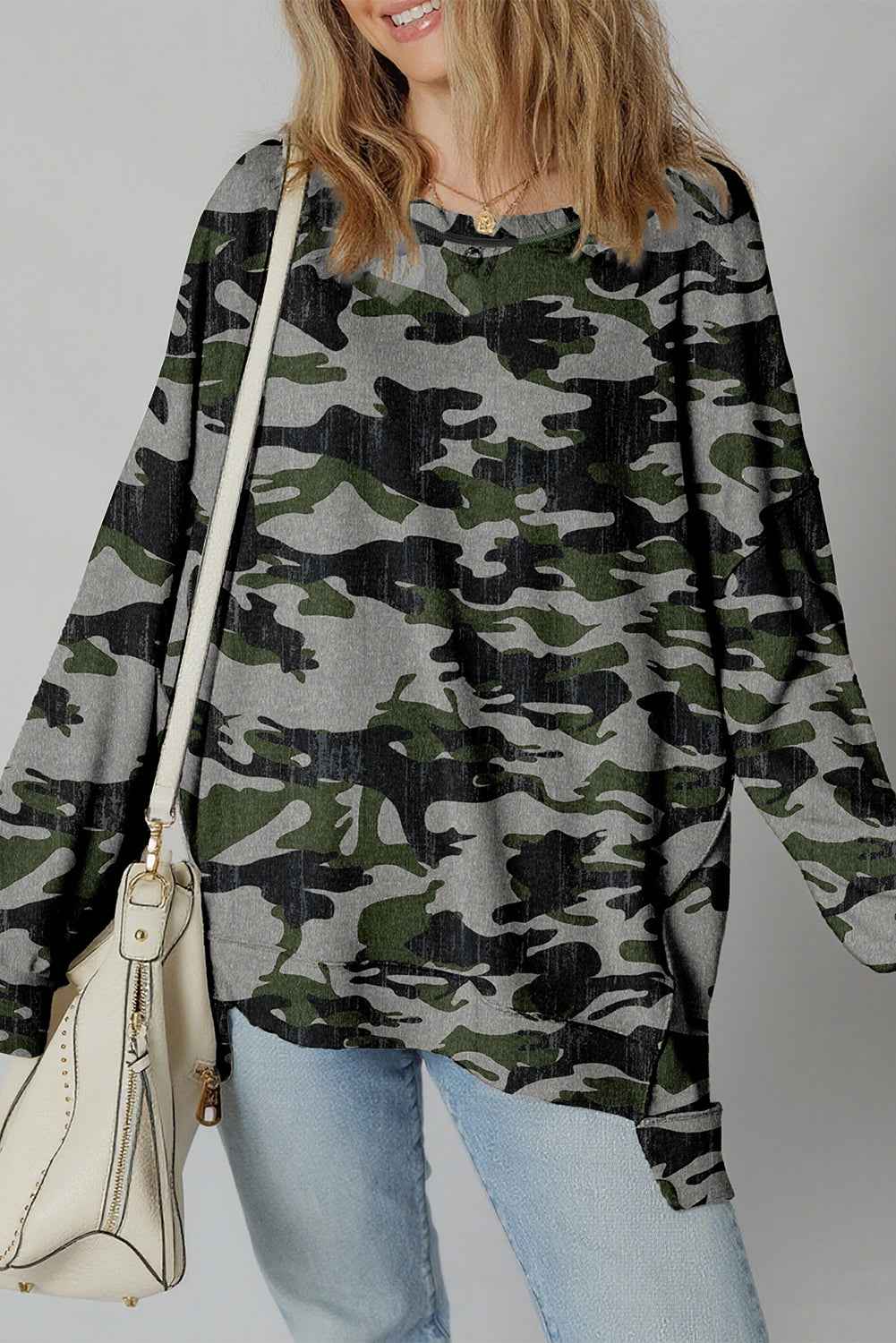Brown Retro Camouflage Print Exposed Seam Patchwork Drop Shoulder Sweatshirt Green 95%Polyester+5%Elastane 0bd4266cb35930bf