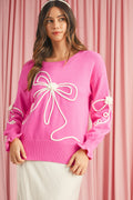 Bright Pink Sweet Bow Pattern Drop Sleeve Knit Sweater Bright Pink 50%Viscose+28%Polyester+22%Polyamide 0bd84beef46d8a6b