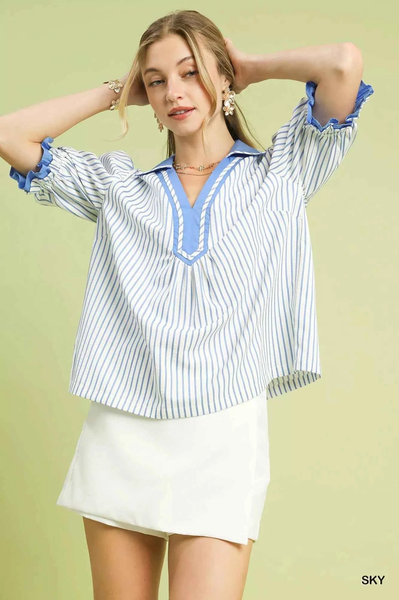 Umgee Seersucker Stripe Ruffle Sleeve Top 0be47575-83e5-48d9-b782-77518bbe2b15-Max-Origin