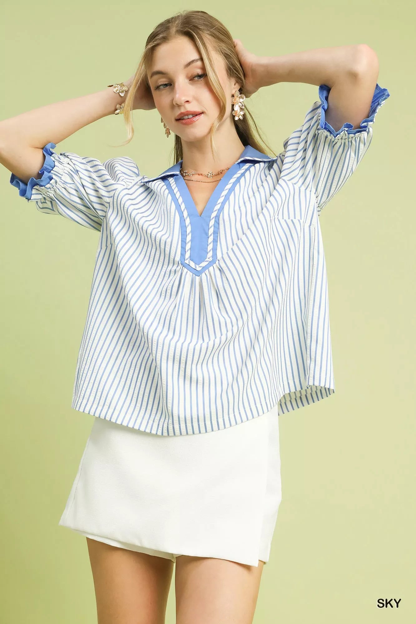 Umgee Seersucker Stripe Ruffle Sleeve Top 0be47575-83e5-48d9-b782-77518bbe2b15-Max-Origin