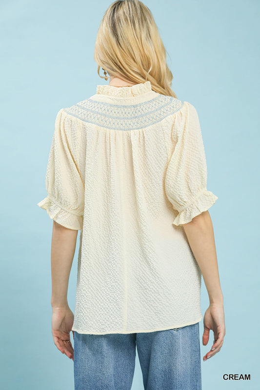 Textured Henley Blouse with Ruffle Cuffs 0be93c0b-1036-4b5d-8af8-144aedc1370c-Max