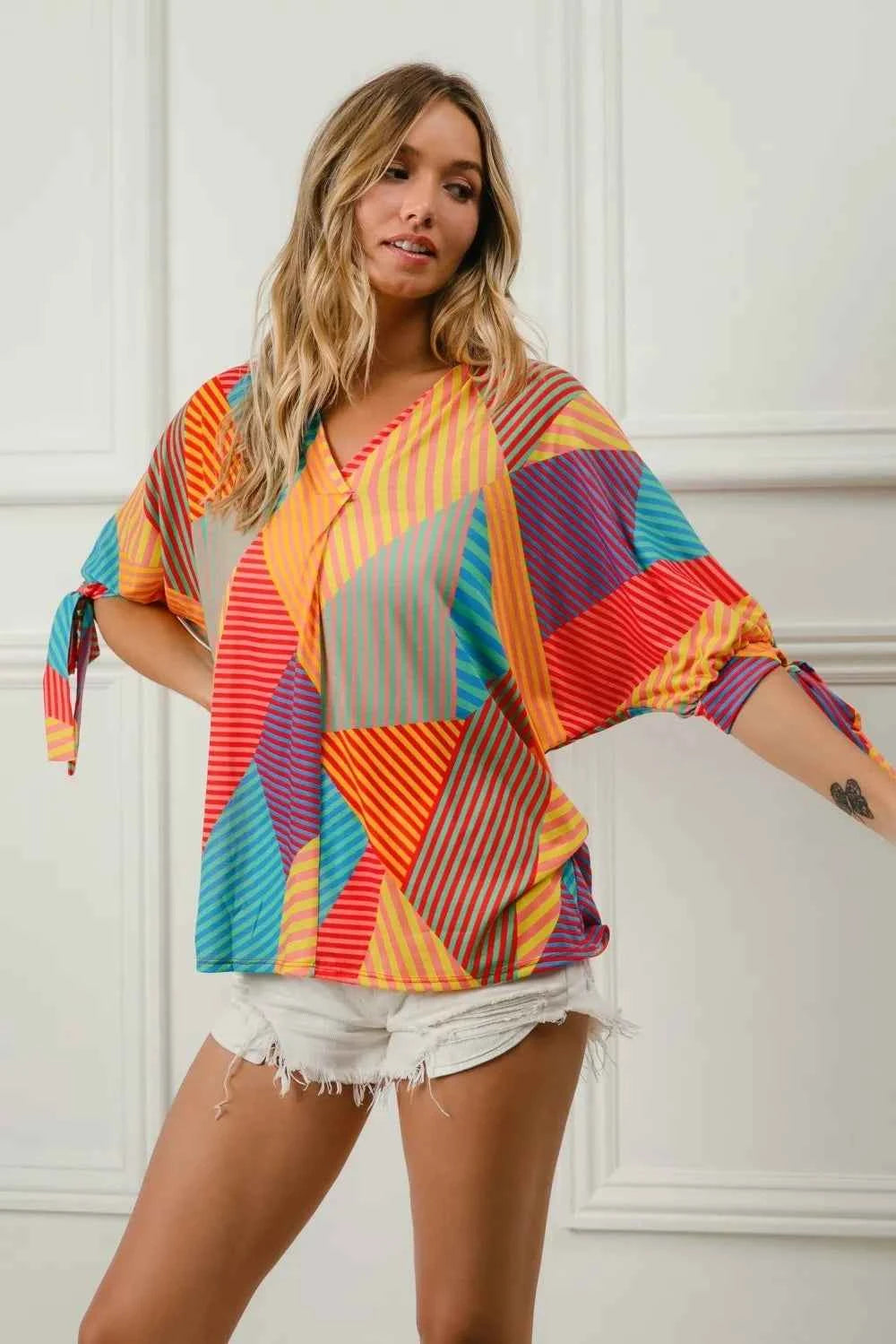 BiBi Multi Stripe Block Printed Jersey Blouse with Tied Sleeves RED YELLOW GRN 0bedbb7bf8764ecf90763fc38b4ae325-Max-Origin