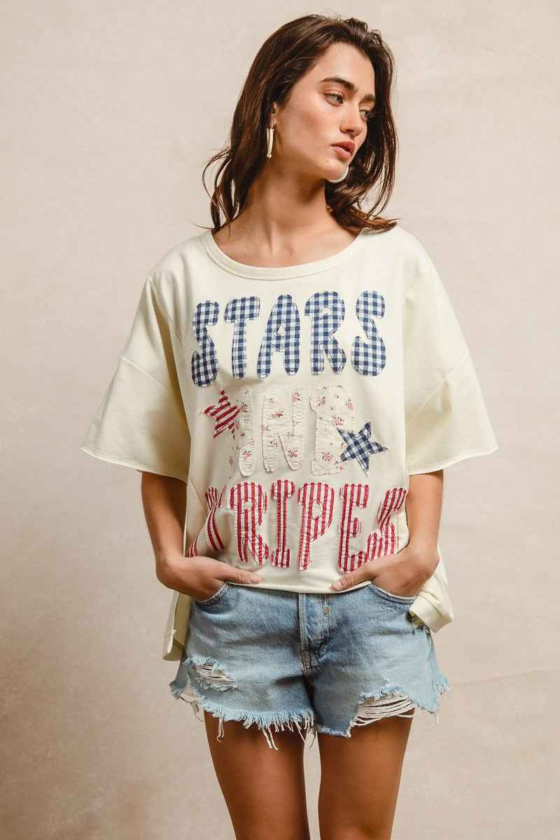 BiBi Mix And Match Stars And Stripes Patchwork Short Sleeve T-Shirt 0bfccaf7b3174a5ab50350cbdff22467-Max