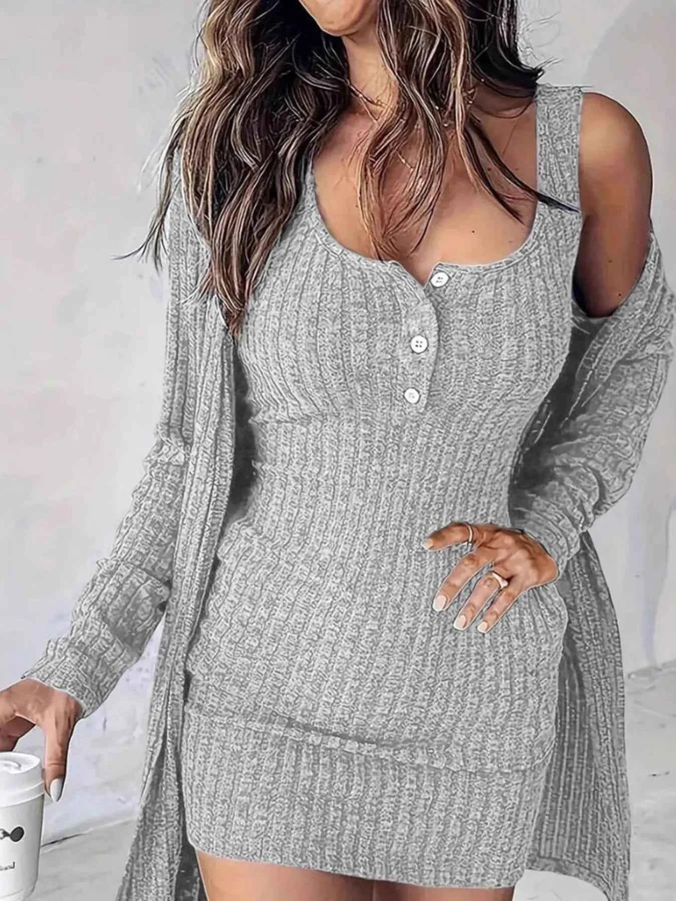 Ribbed Button Front Dress and Cardigan Sweater Set